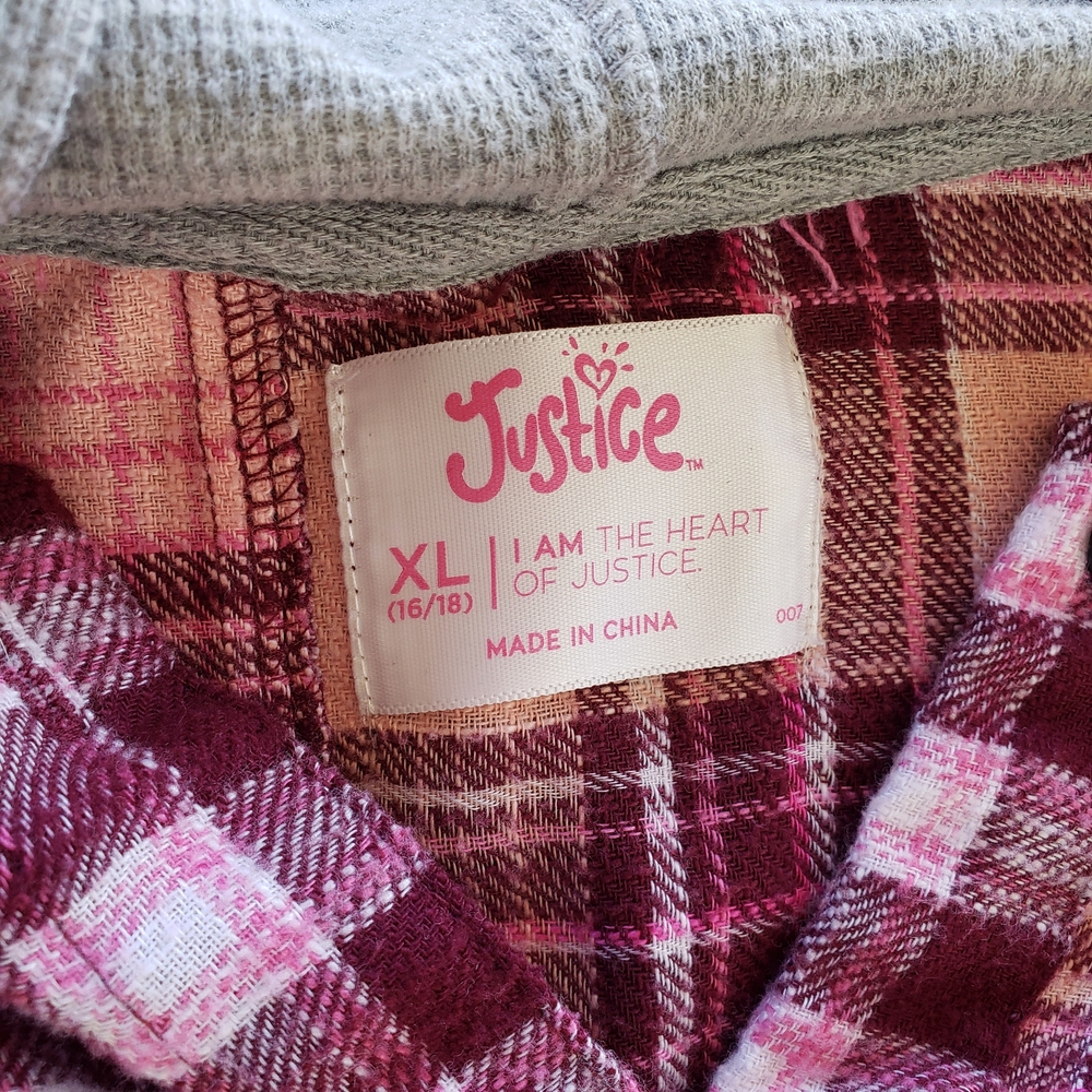 Justice Pink Plaid Hooded Button-Up Shirt - Picture 2 of 12